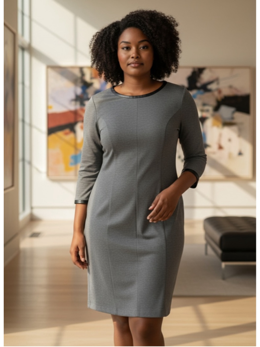 Women's TALBOTS Petite Long Sleeve Dress 14P Gray with Black Trim